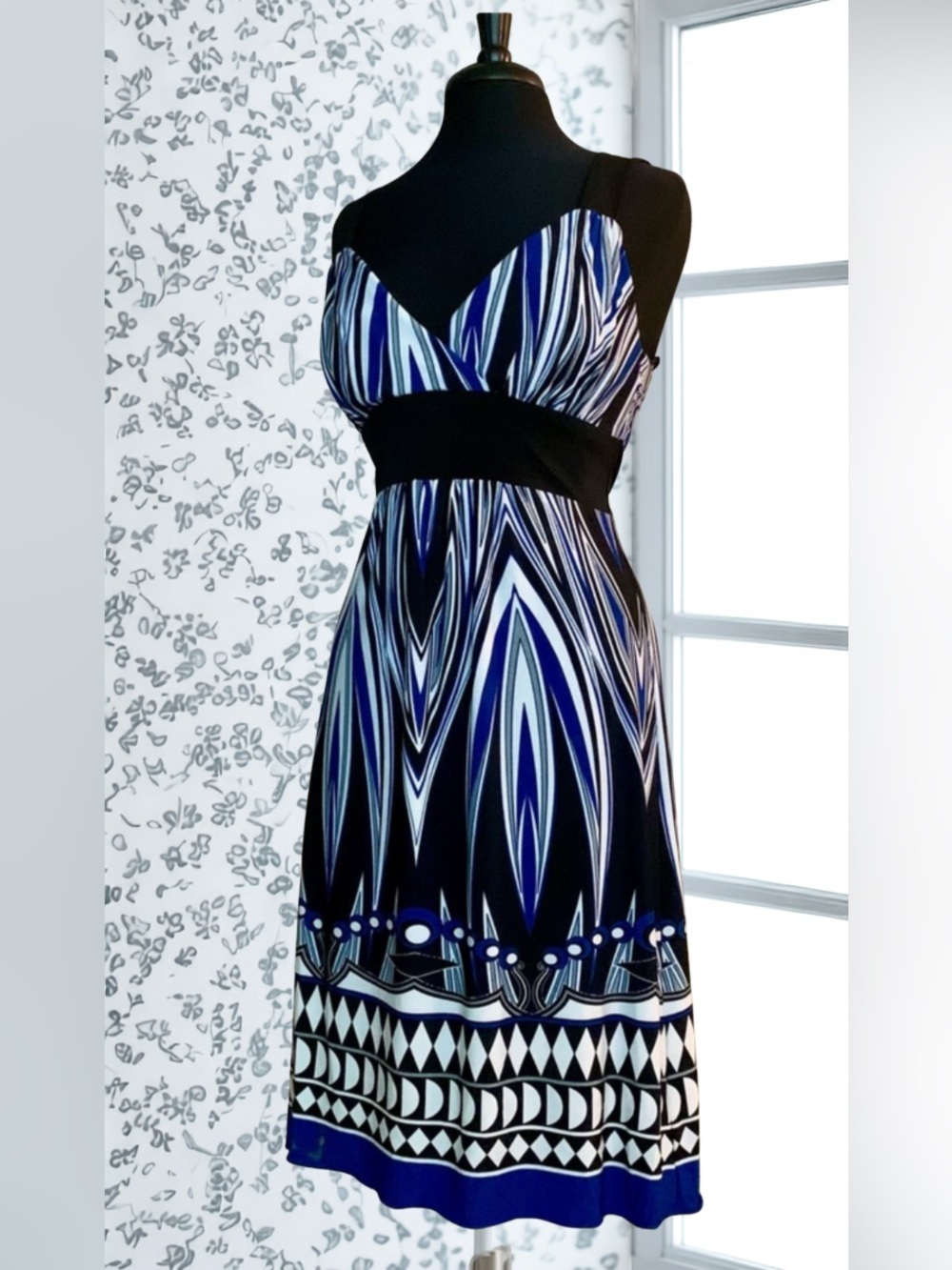 Dressbarn Blue, Black and White Patterned Midi Dress